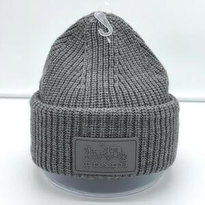 Coach Leatherware Knit Beanie Gray Wool Blend Logo Patch Adult One Size NWT